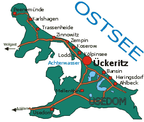 Karte der Insel Usedom mit Lage des Ostseebad Ückeritz